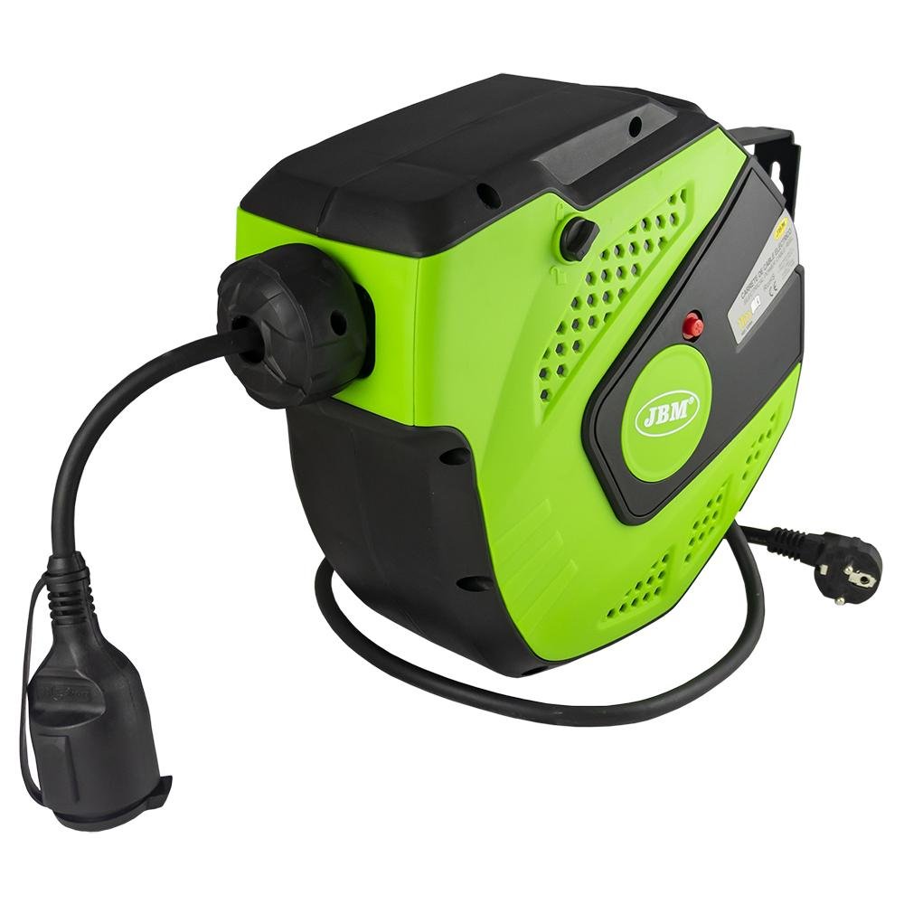 Enrollador de Cable Eléctrico - 12M - Verde con Divisor y Protección Contra Sobrecarga