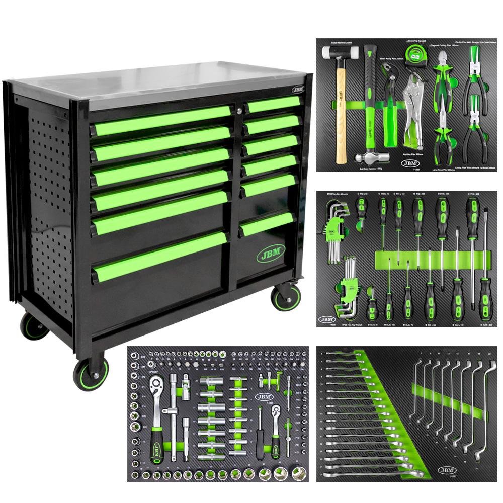 CARRO CON DOBLE COLUMNA DE CAJONES - CON VARIAS HERRAMIENTAS - VERDE