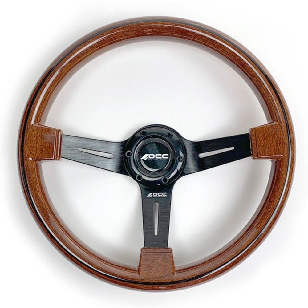 Volante Classic em Madeira Braços Pretos OCC Motorsport – 350mm | 6 Parafusos | Madeira de Mogno | Universal