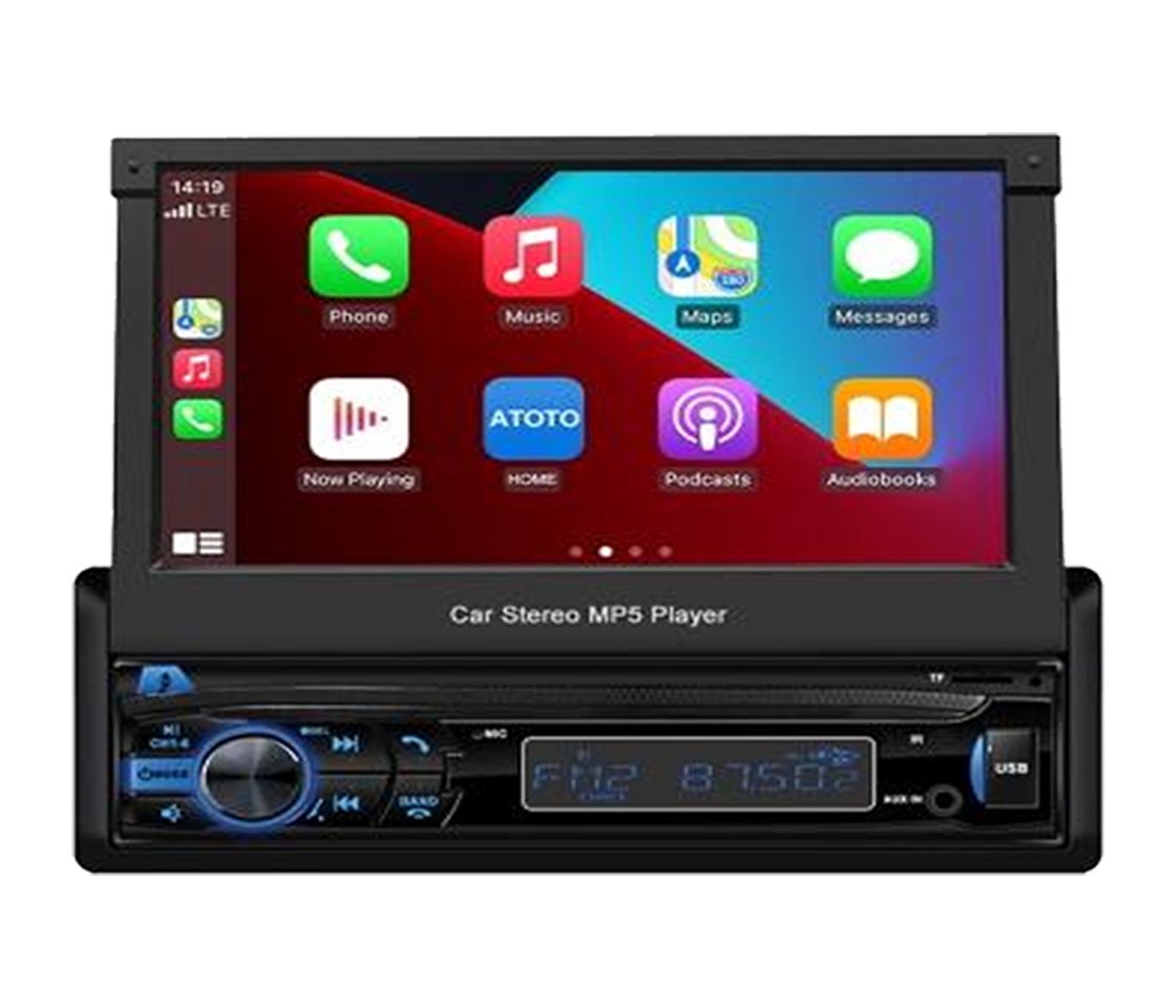 1 DIN Retractable Car Radio – 7″ Touch Screen, Android, Compatible with iPhone/Android