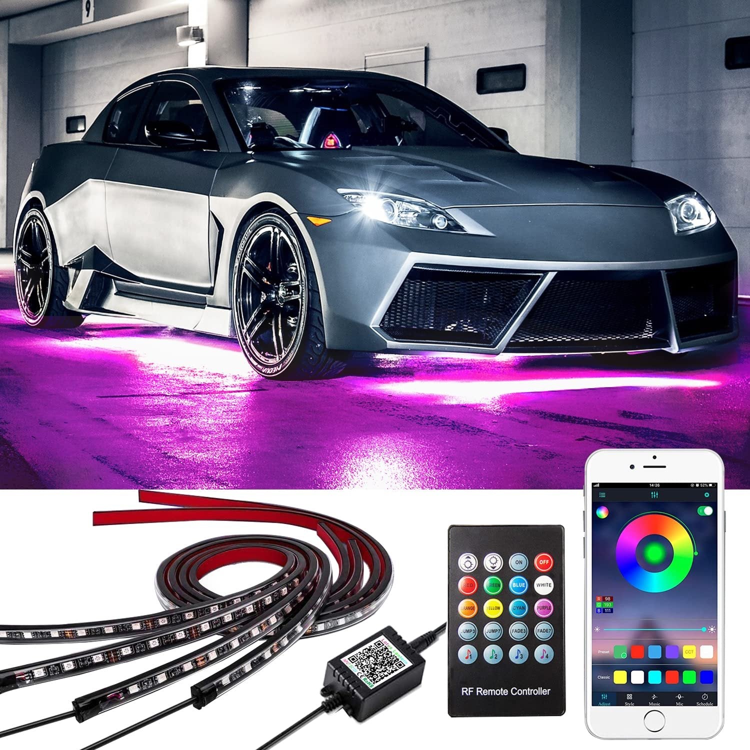 Kit underglow led rgb c/ comando e app
