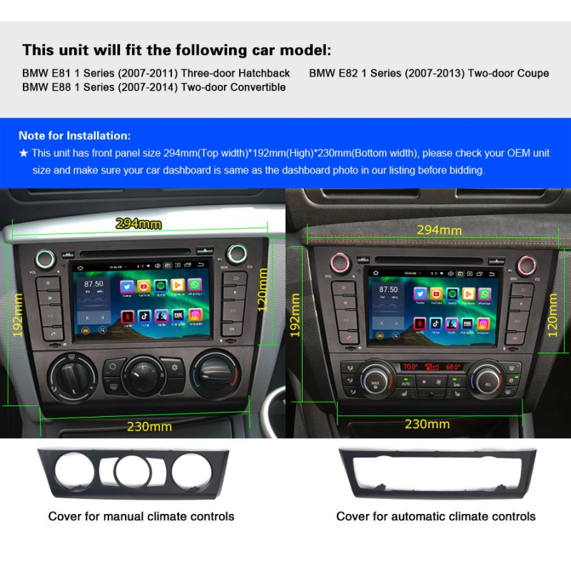 Radio CarPlay Android Auto Bluetooth USB BMW Serie 1 E81 E82 E87 E88