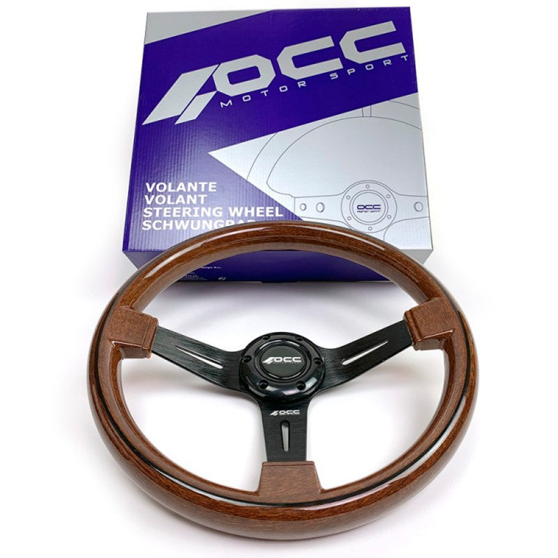 Volante Classic em Madeira Braços Pretos OCC Motorsport – 350mm | 6 Parafusos | Madeira de Mogno | Universal