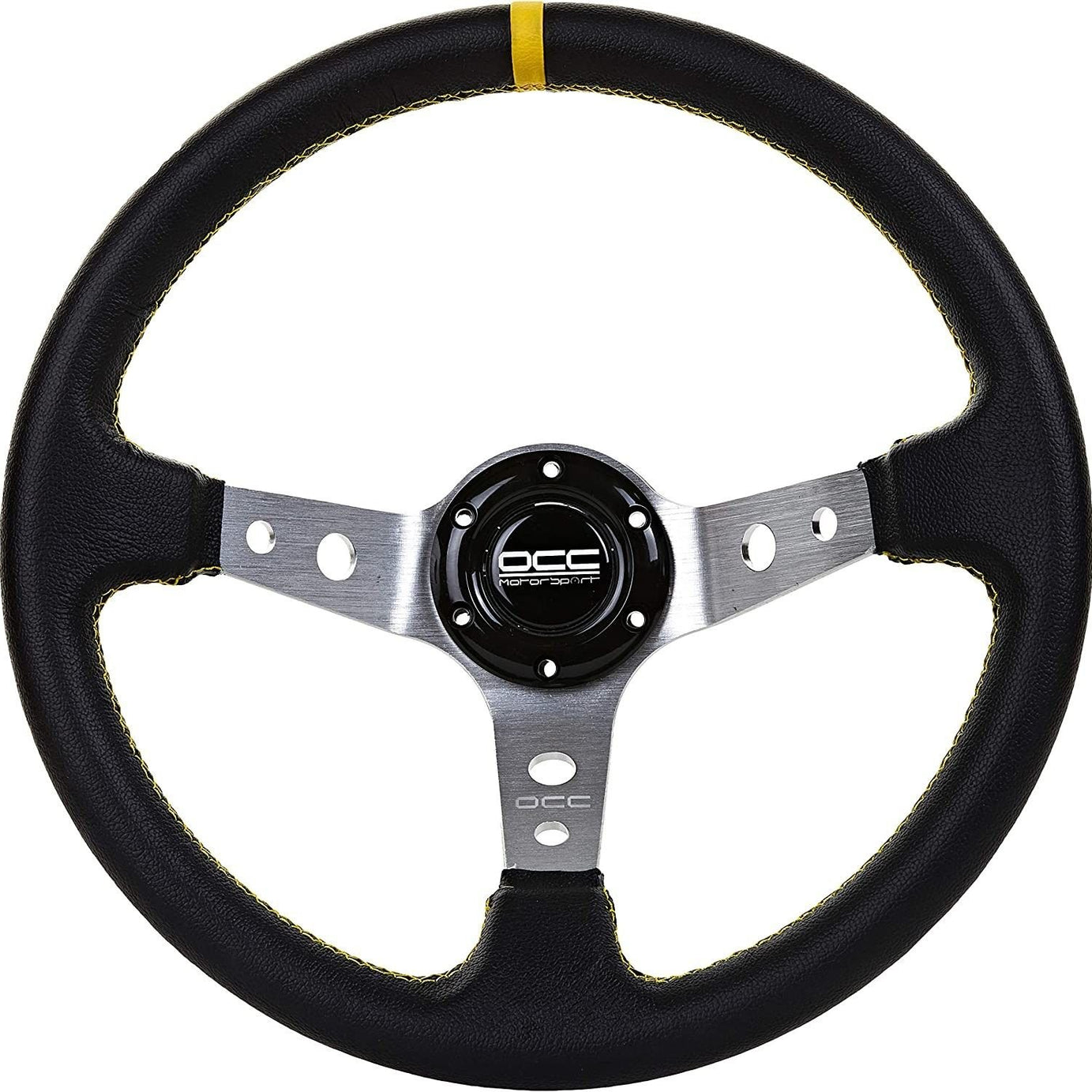 OCC MOTORSPORT TRACK STEERING WHEEL IN ARTIFICIAL LEATHER WITH GREY ARMS AND YELLOW STITCHING