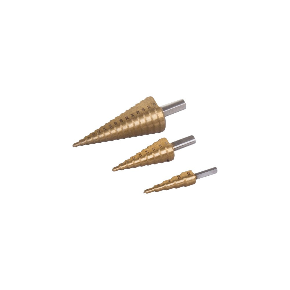 Brocas Cónicas Taper Drill Bits 3 Peças | HSS (Aço Rápido) + Revestimento de Titâni