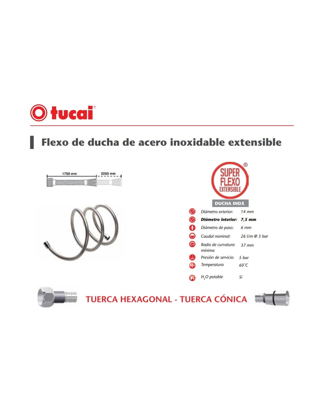 Manguera de ducha ajustable de acero inoxidable (1750-2300 mm) - Tucai 4115
